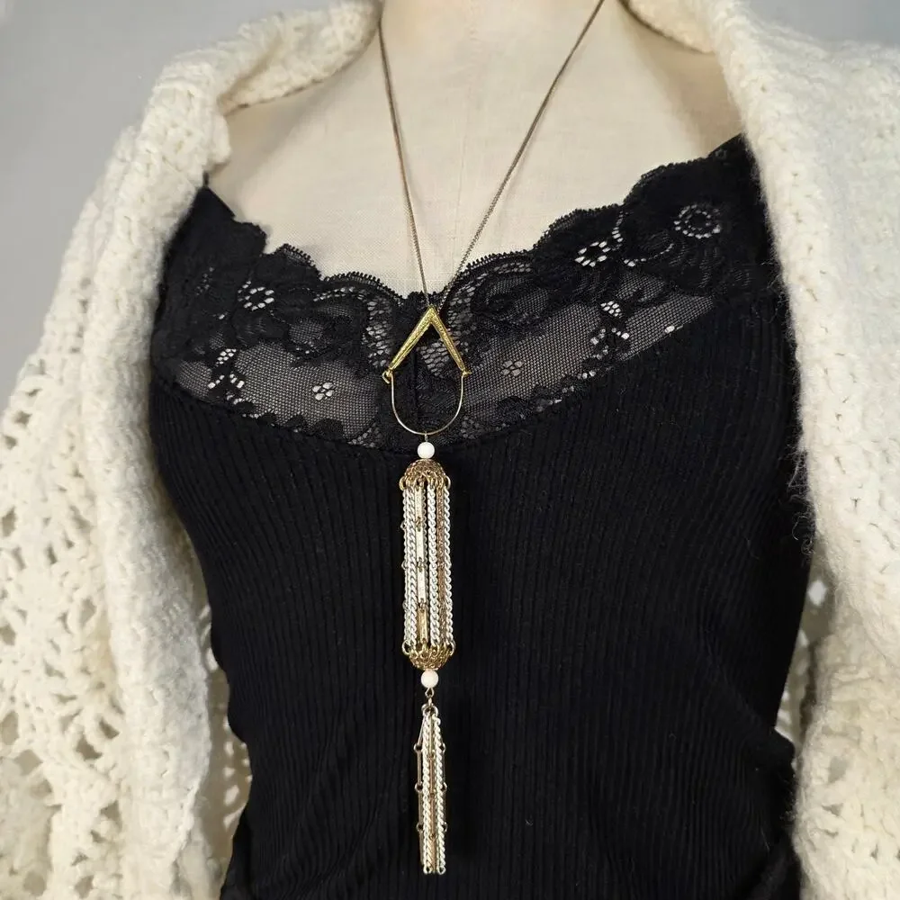 Vintage Mod White Enamel Gold Tone Tassel Pendant Necklace Statement Boho